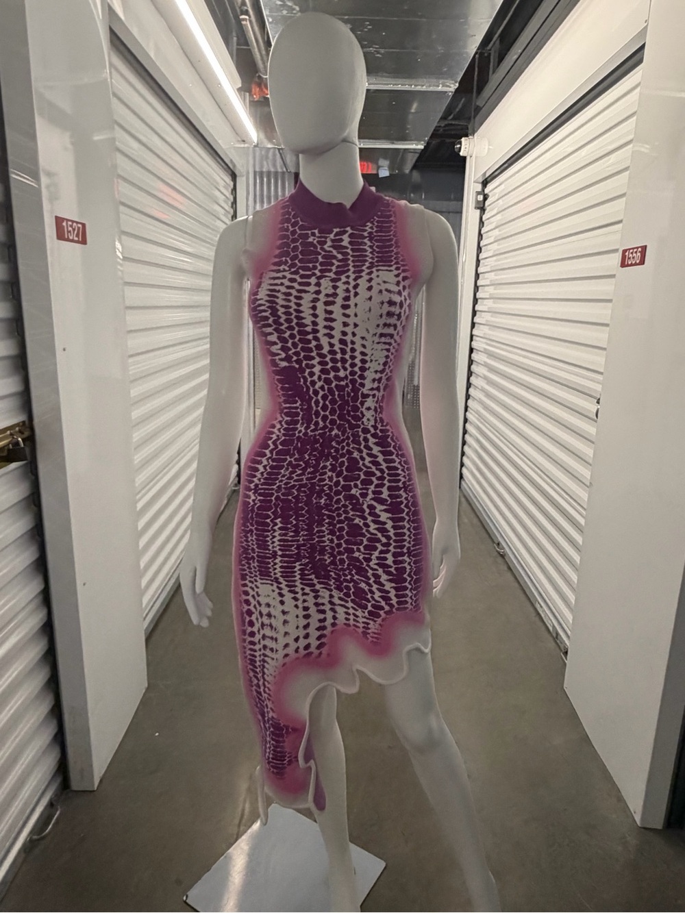 PH5 MIA SIGNATURE WAVY PURPLE WHITE ASYMMETRICAL BODYCON KNIT DRESS